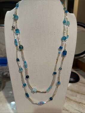 Layered 60 inch teal and white Beaded Womens Necklace - Multi-Tone Blue